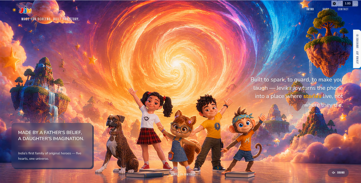 Jevika and Joy's World homepage with five characters, floating islands and a glowing story portal.