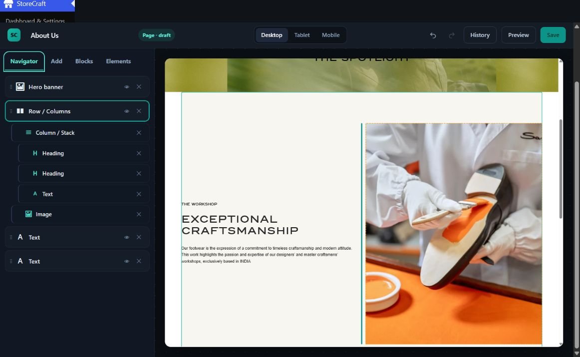 Lemain visual editor showing its section navigator and responsive storefront preview.