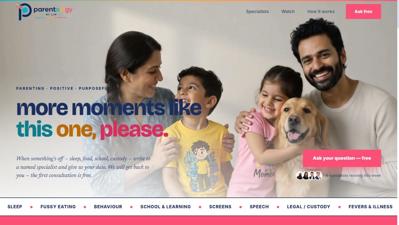 Parentology homepage with its family-focused introduction.