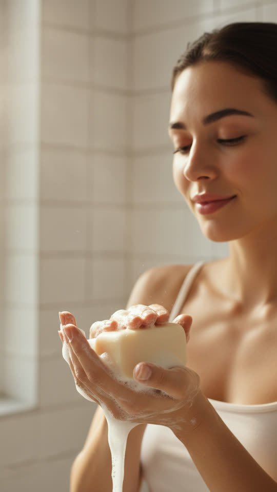 Soap ad — lathering, sunlit bathroom